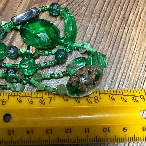 Handmade Triple Strand Glass Beaded Green Necklace with millefiori Beads 16” - Picture 5 of 5